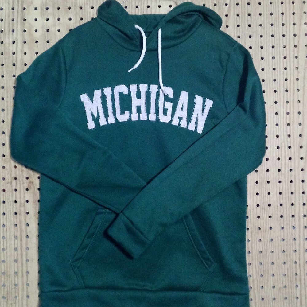 Forest Green Unisex Long Sleeve. Sweatshirt Hoodie Michigan Lettering Small